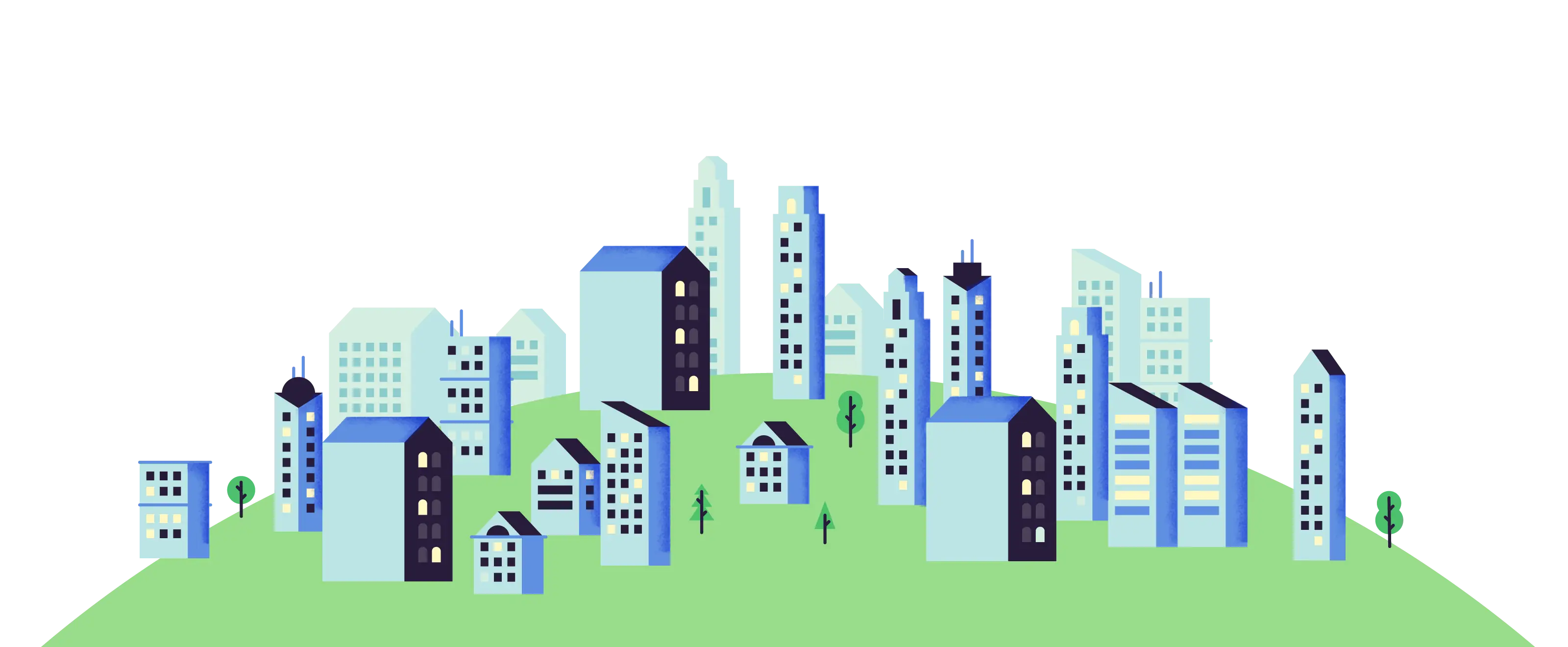 Cartoon Cityscape with Green Hill
