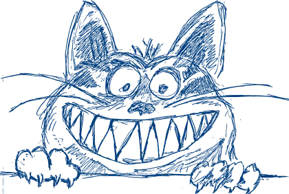 Sketched Funny Grinning Cat in Blue Style