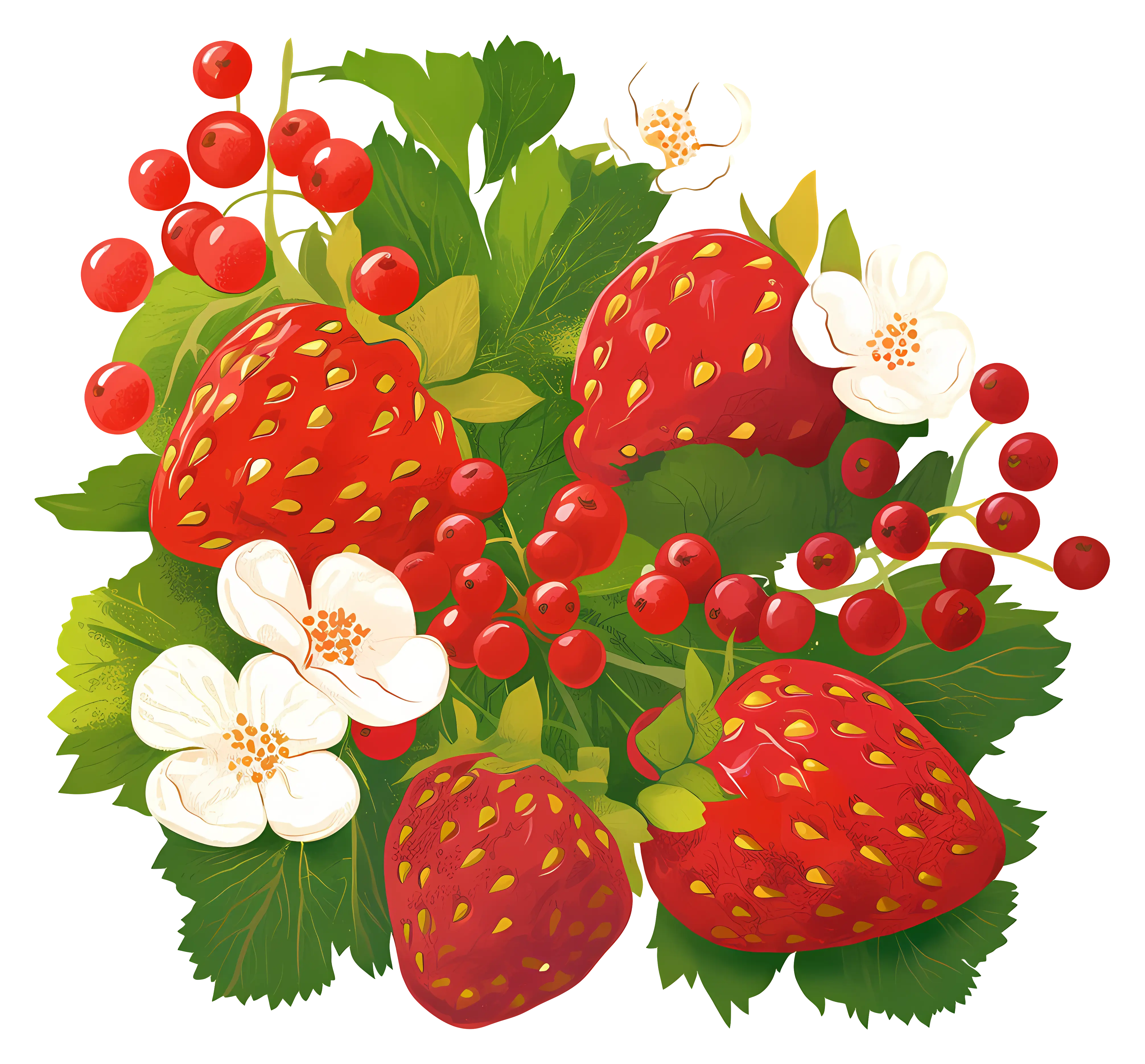 Strawberries and Berries with Leaves