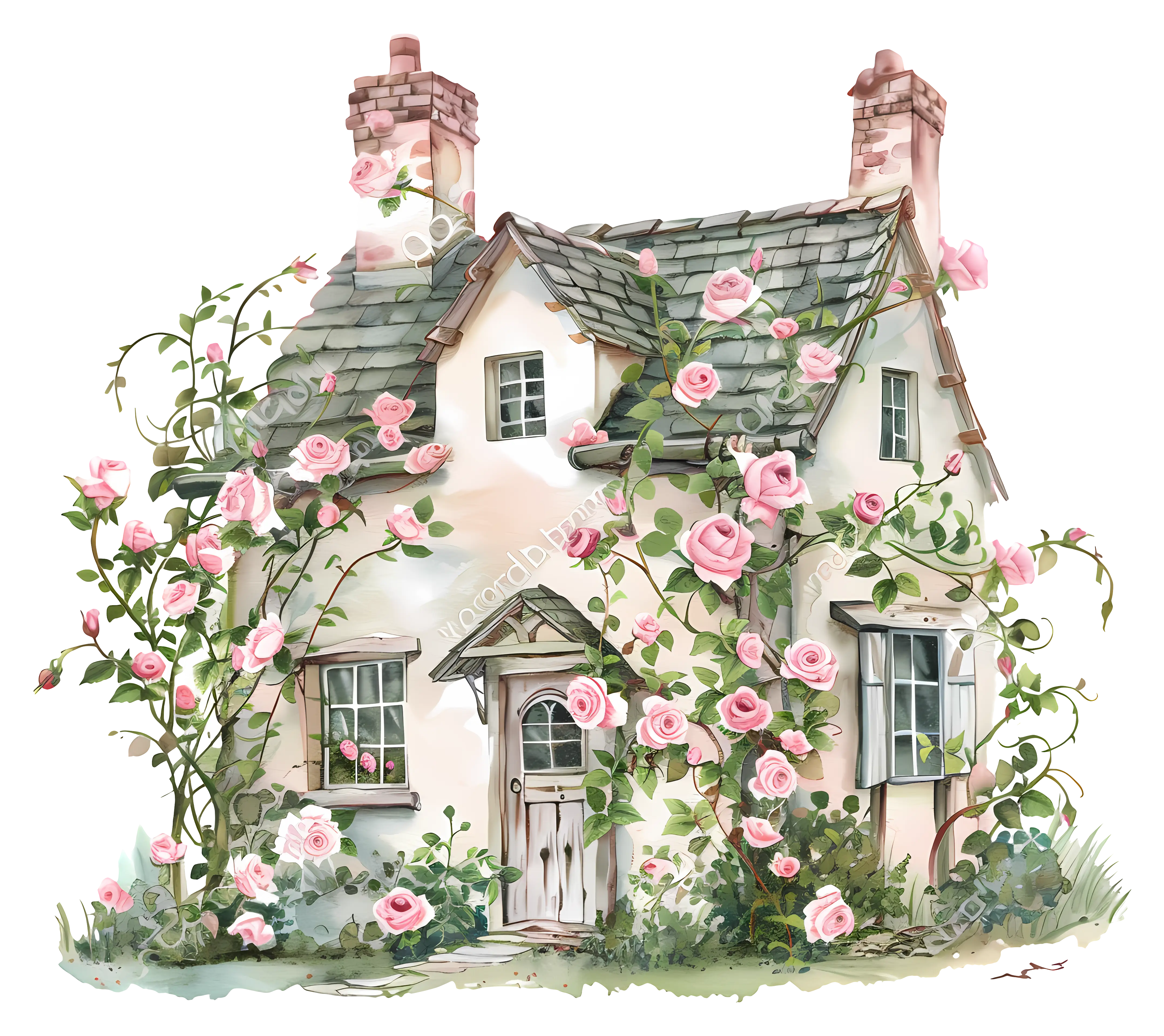 Quaint House Covered in Pink Roses