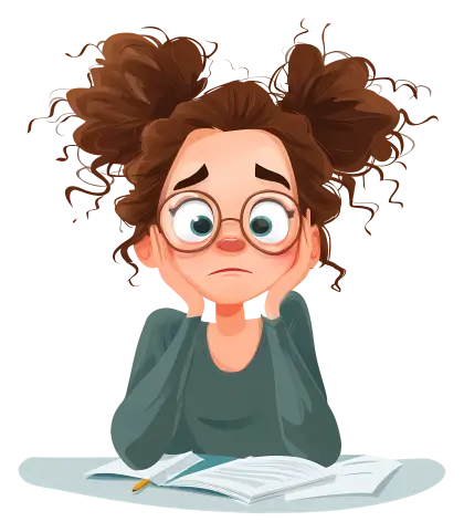 Worried Girl Studying with Books