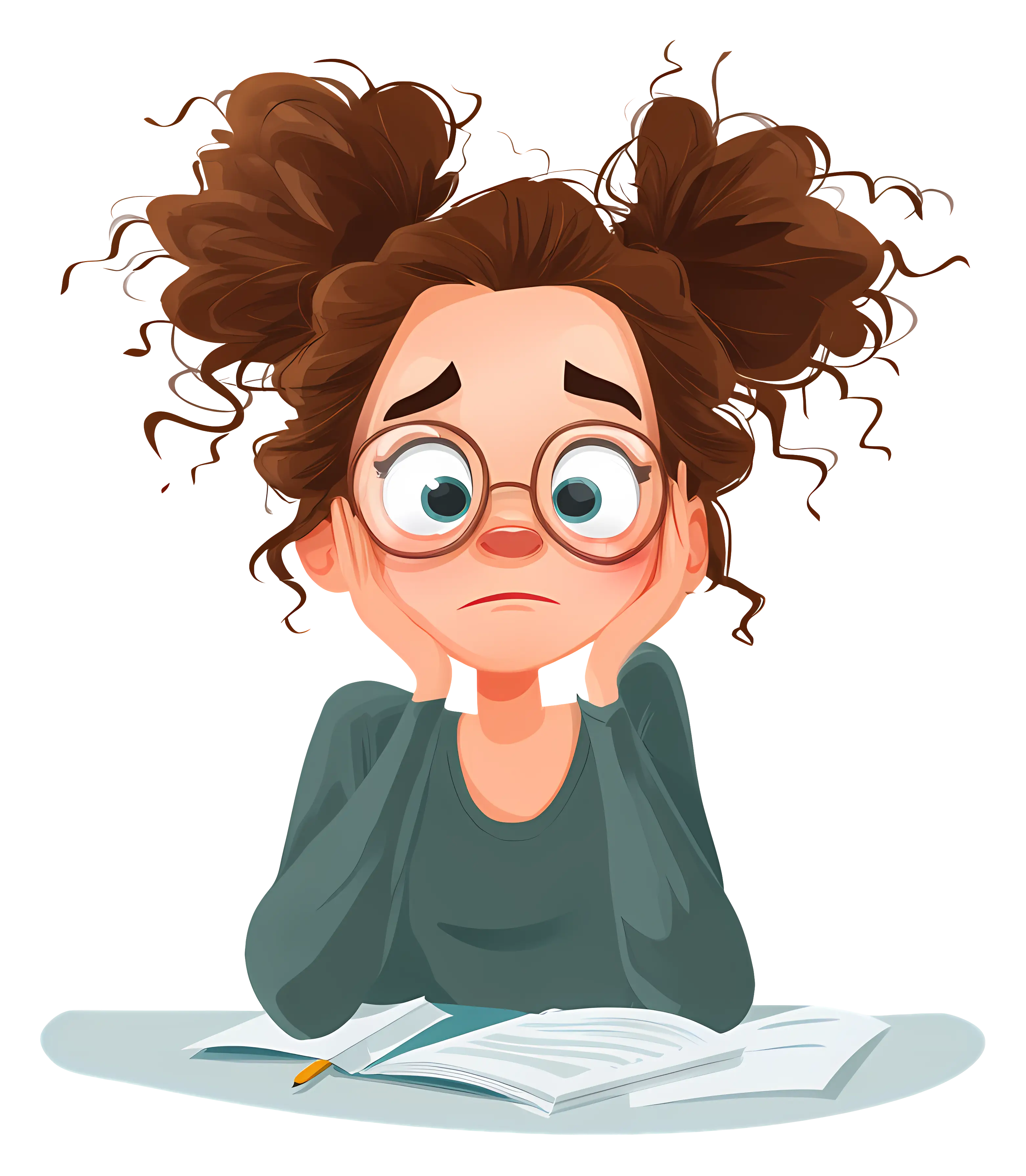Worried Girl Studying with Books