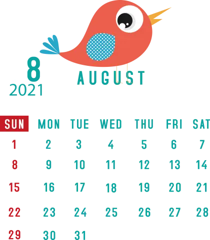 August Calendar with Red Bird Illustration