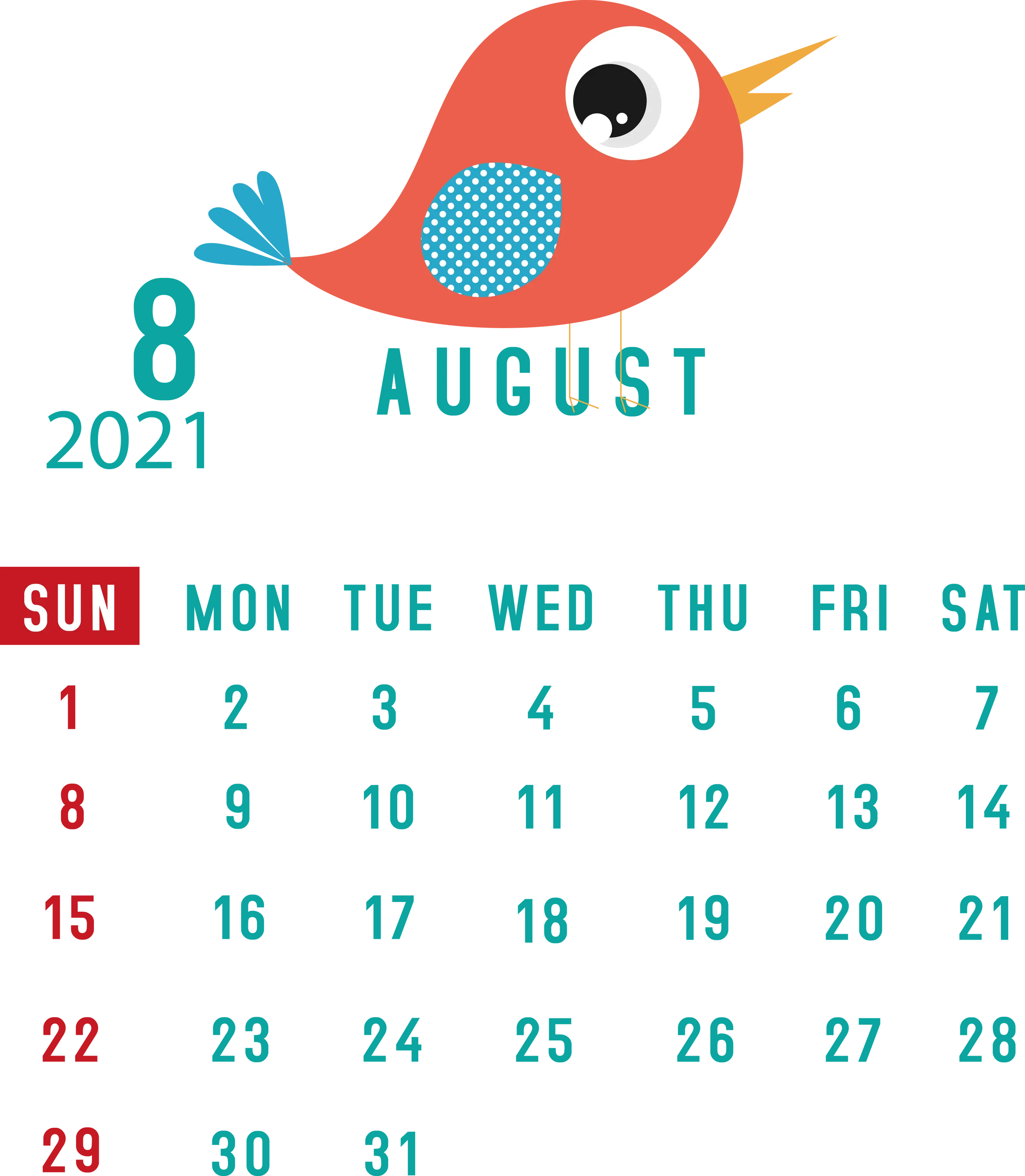 August Calendar with Red Bird Illustration
