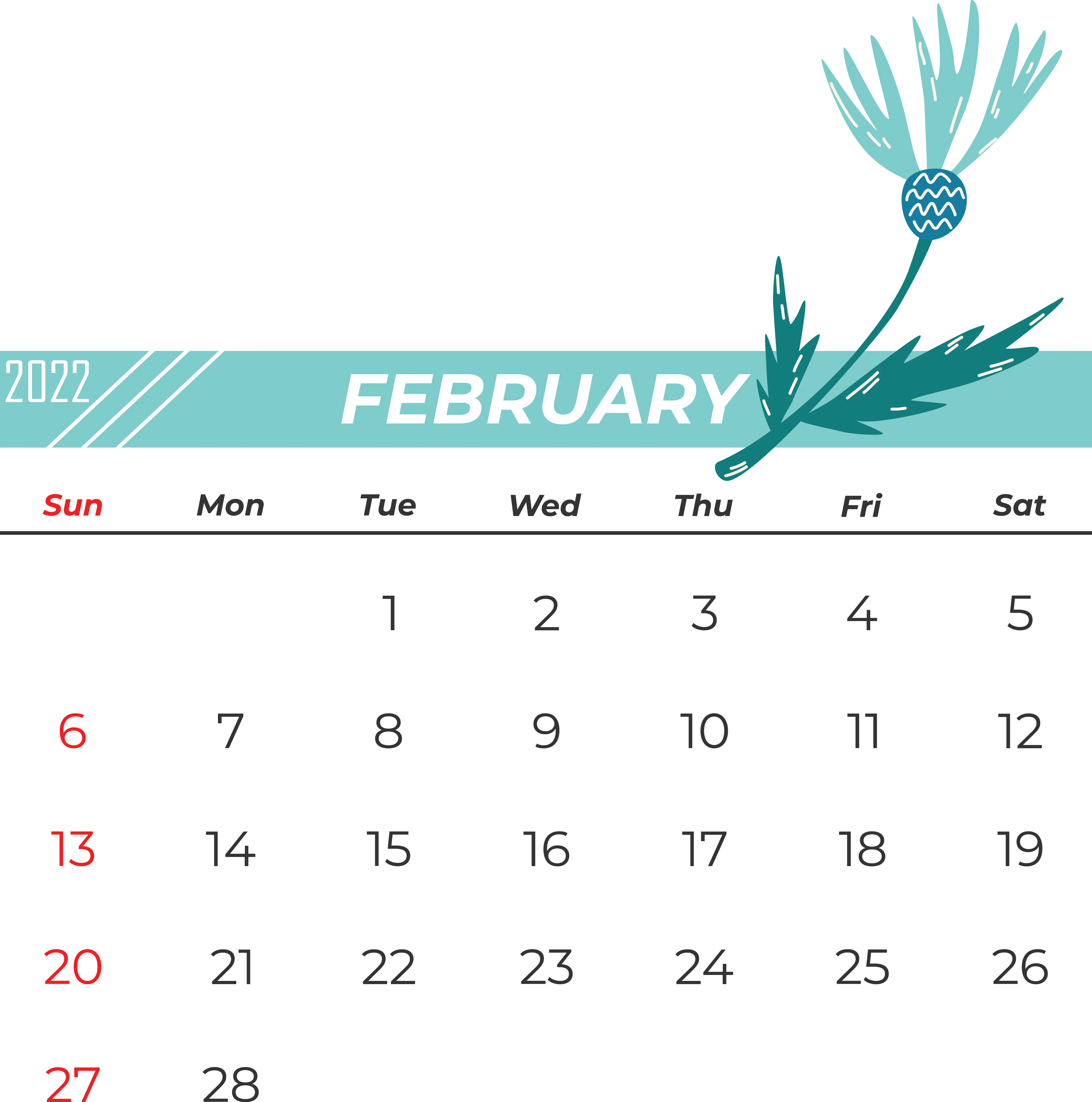 February Calendar with Blue Flower Artwork
