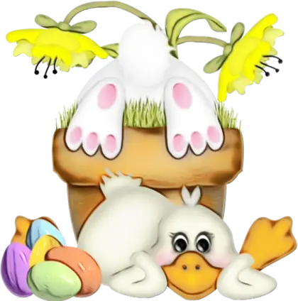 Cartoon Duck Laying with Easter Eggs