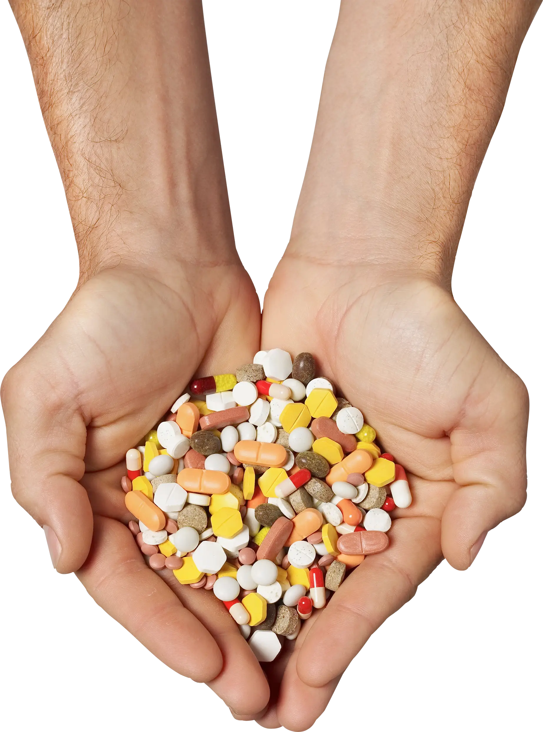 Hands Holding a Variety of Colorful Pills