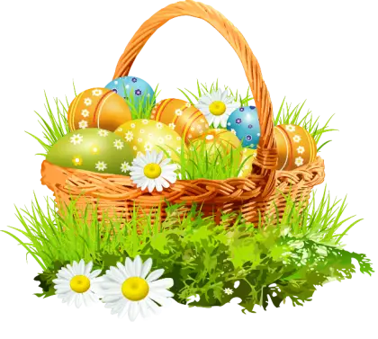 Easter Basket Decorated with Daisies, Grass, and Ornate Eggs