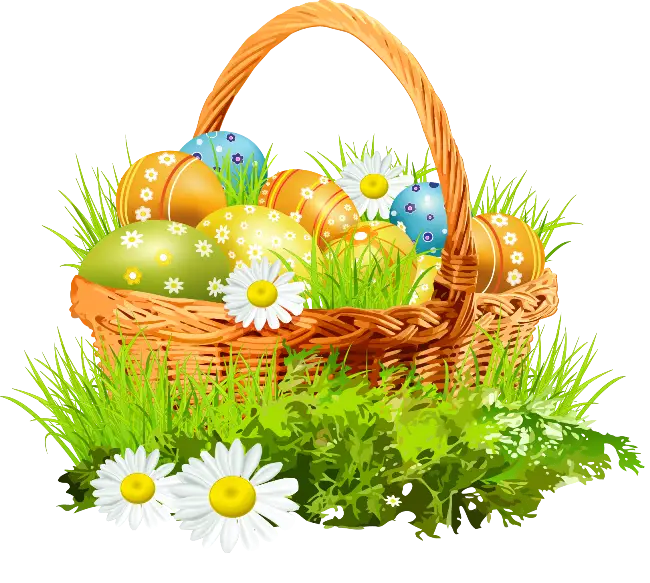 Easter Basket Decorated with Daisies, Grass, and Ornate Eggs