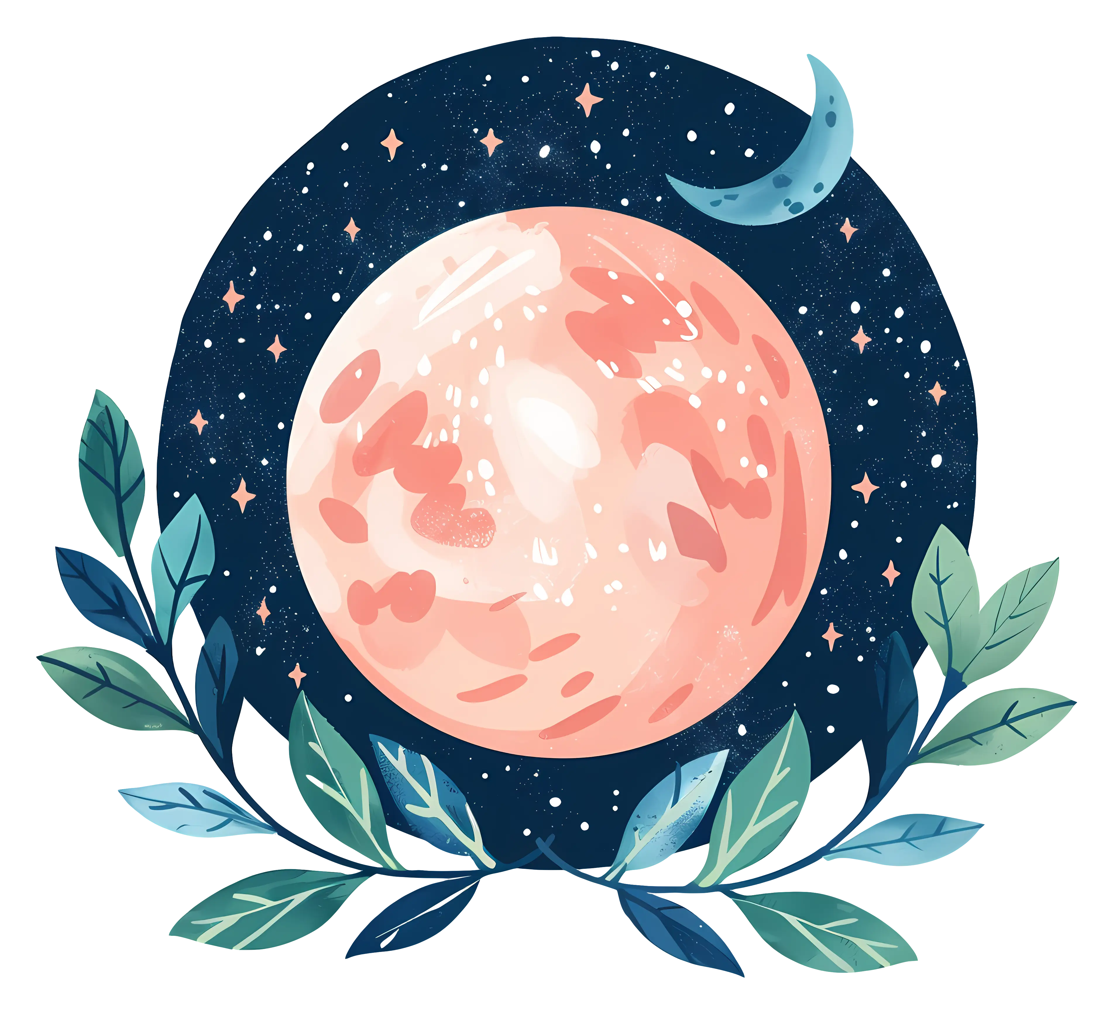 Illustration of Moon and Leaves in Starry Background
