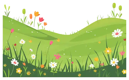 Illustration of Green Meadow with Colorful Wildflowers