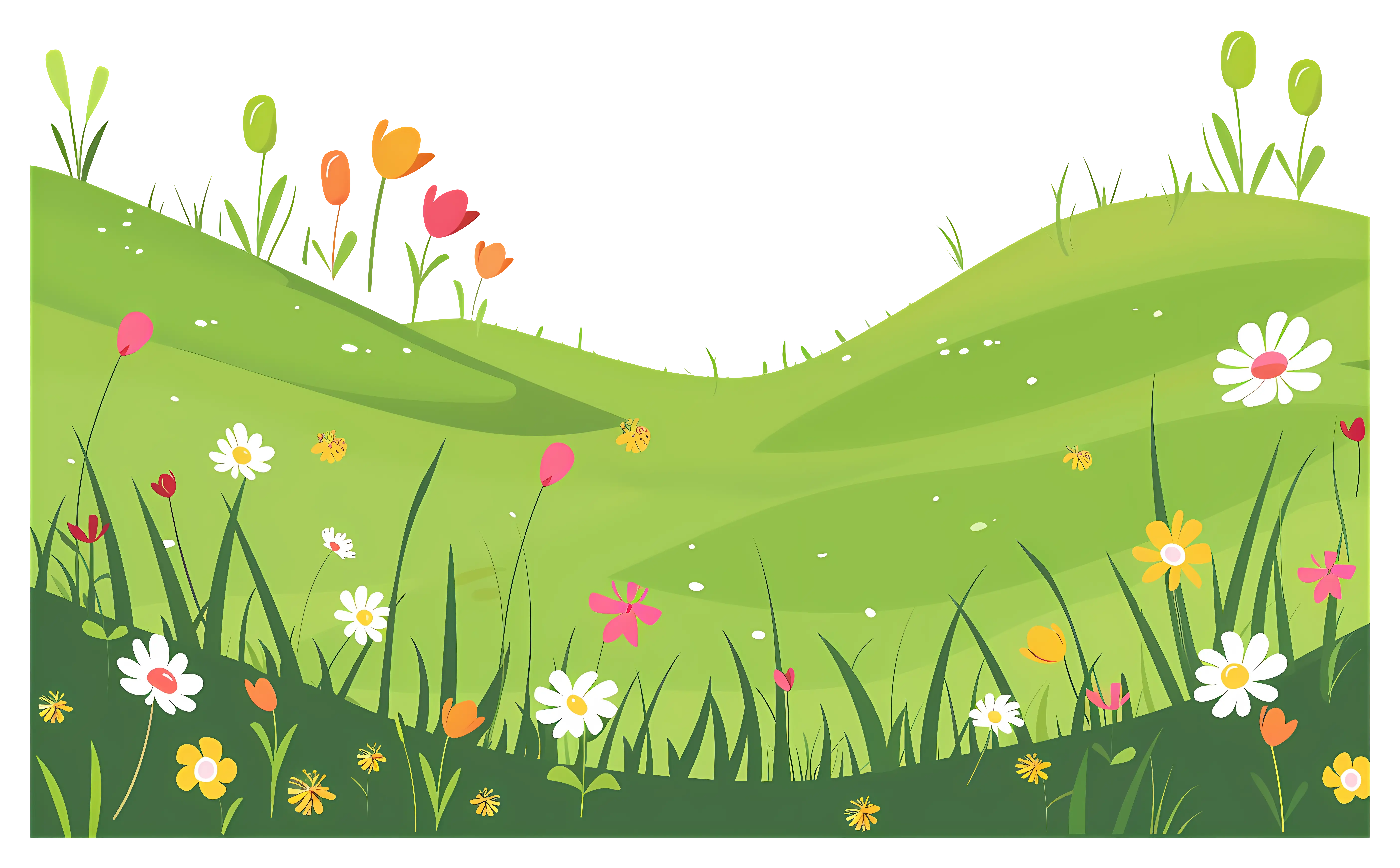 Illustration of Green Meadow with Colorful Wildflowers