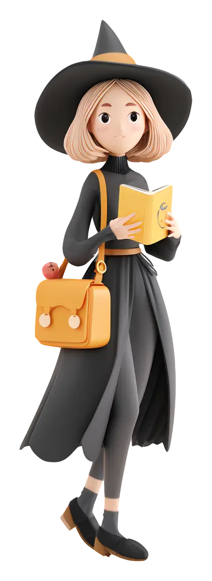 Cartoon Witch with Book and Hat