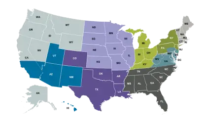 Colorful Map of USA Showing States by Regions