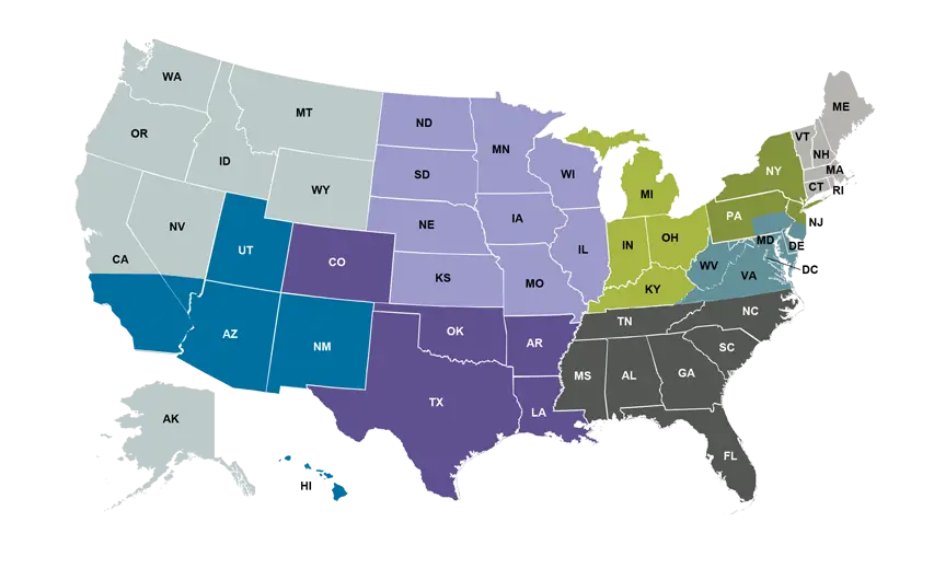 Colorful Map of USA Showing States by Regions