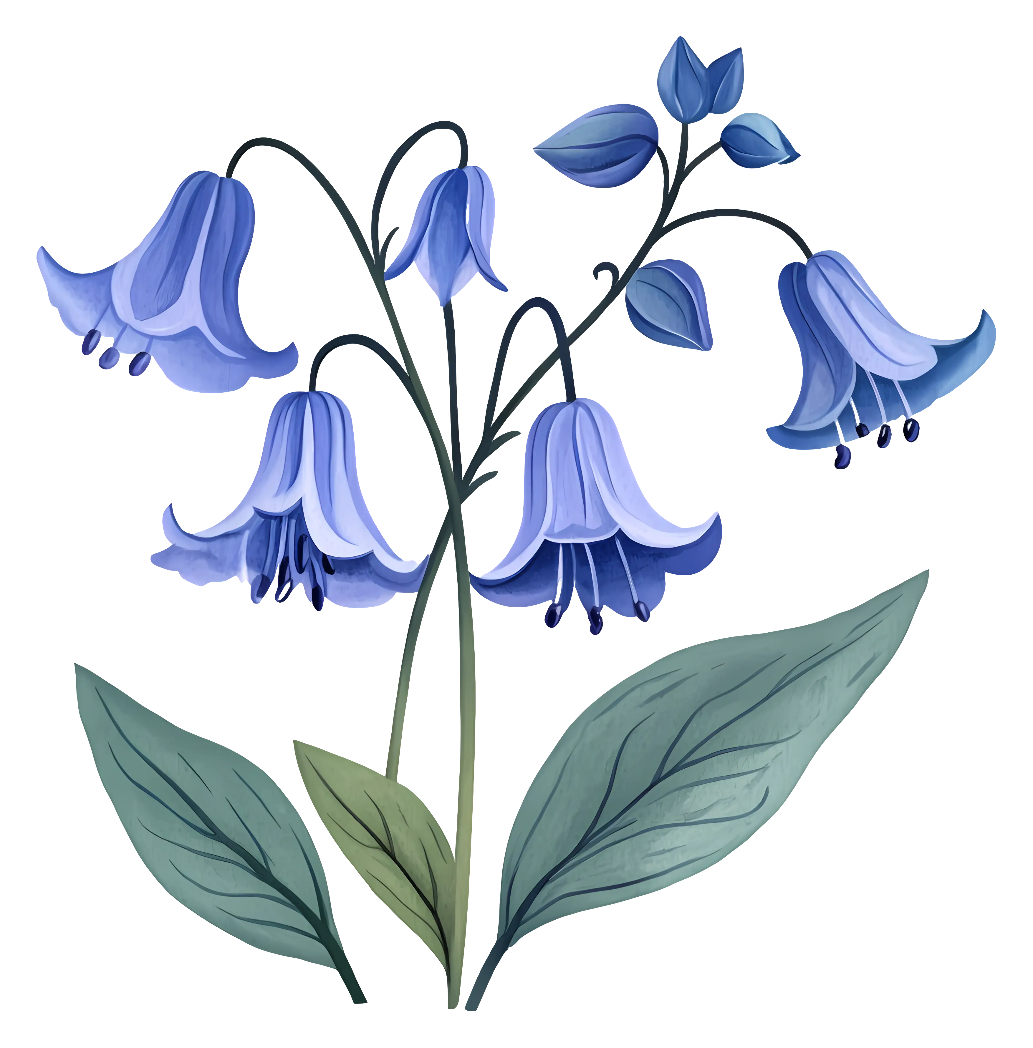 Bluebell Flowers with Green Leaves