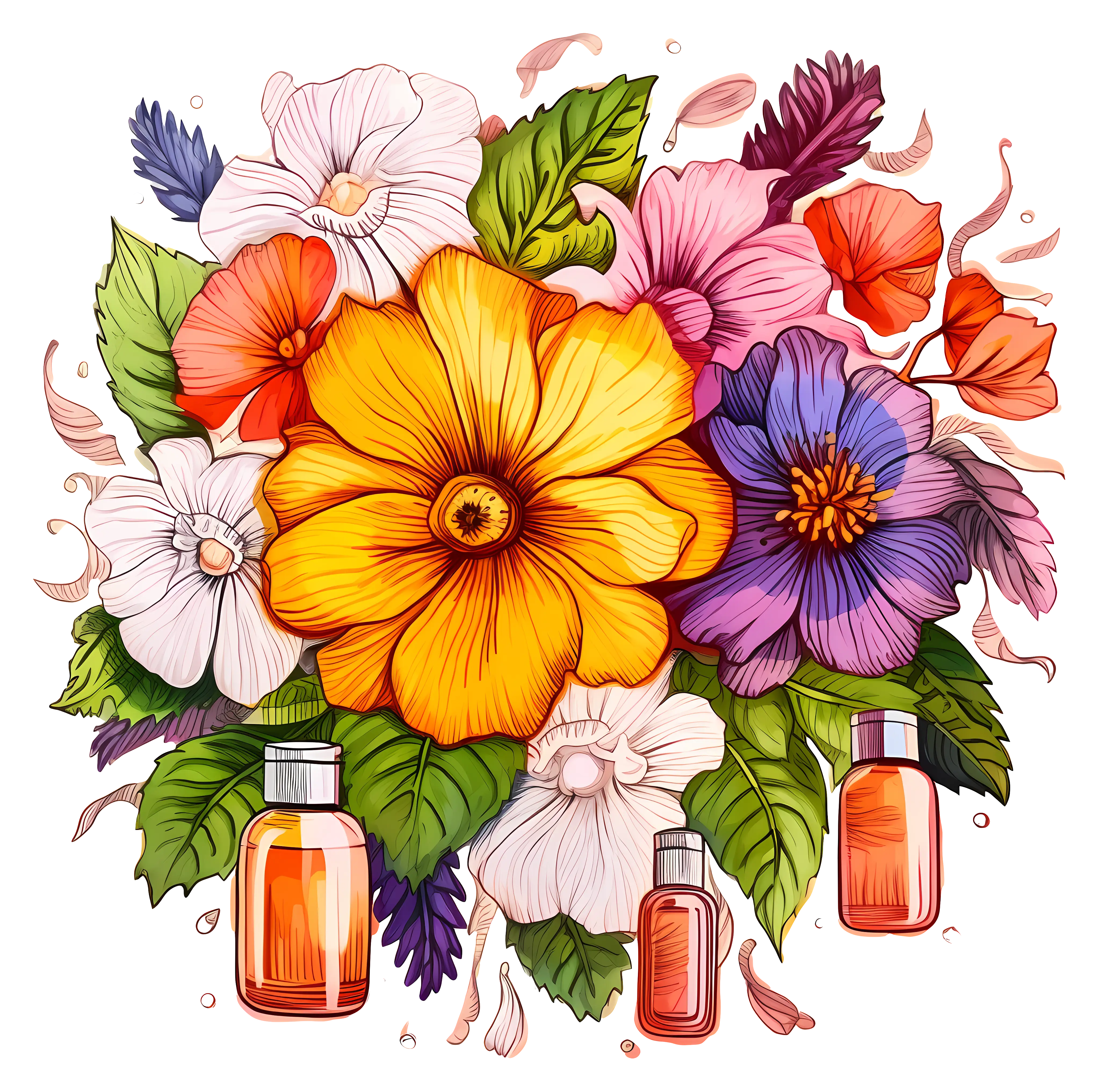 Floral Bouquet with Essential Oil Bottles