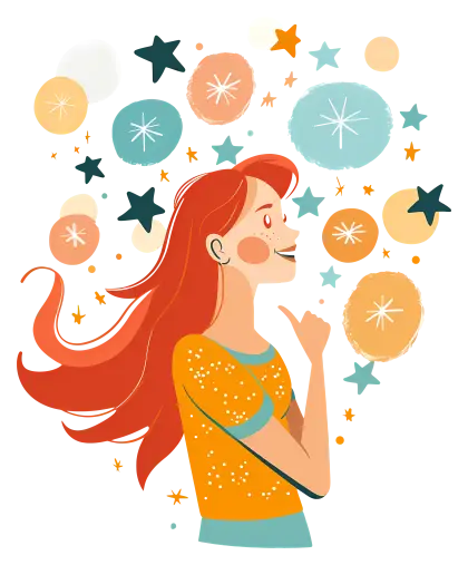 Dreaming Girl with Stars and Thoughts