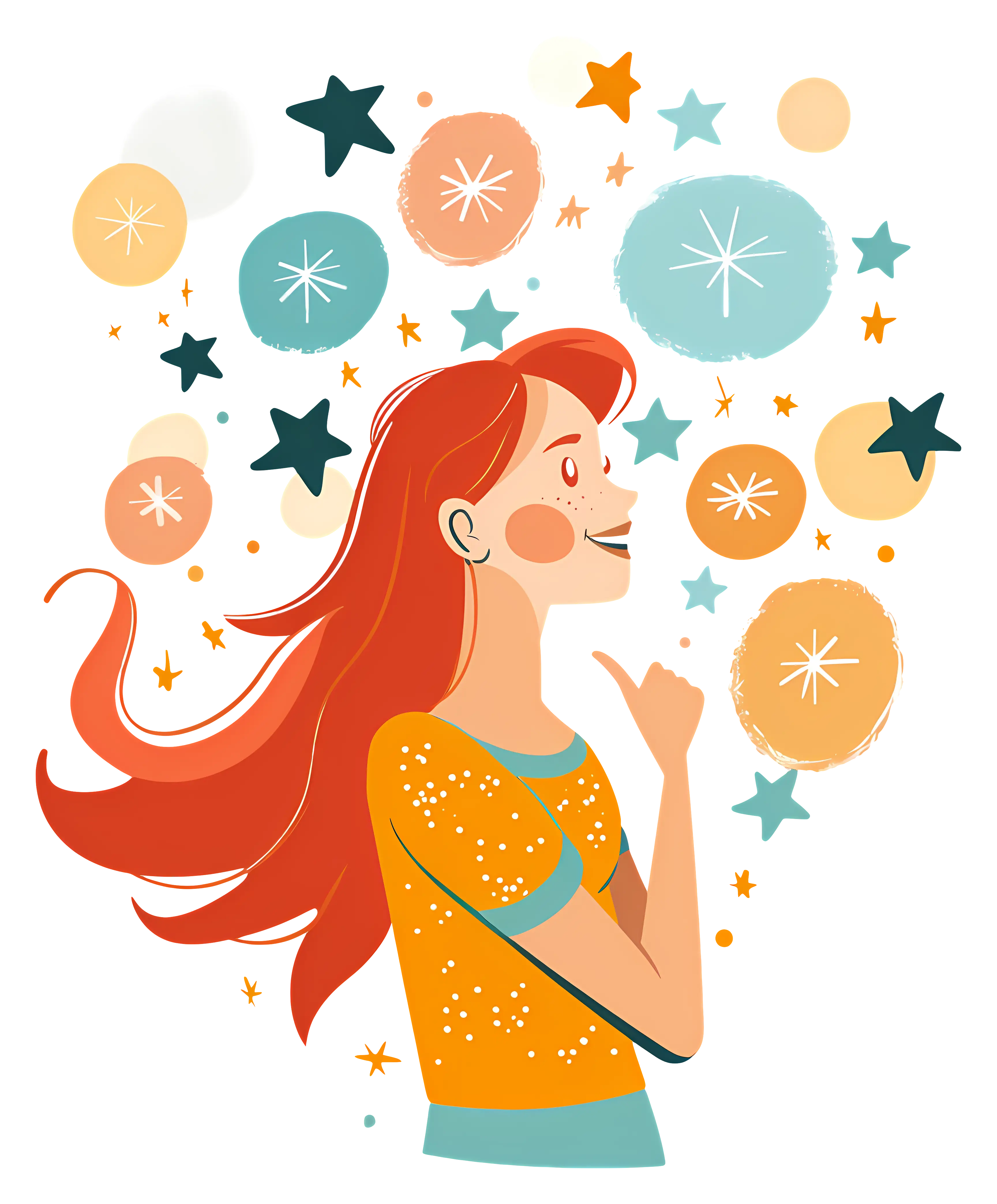 Dreaming Girl with Stars and Thoughts