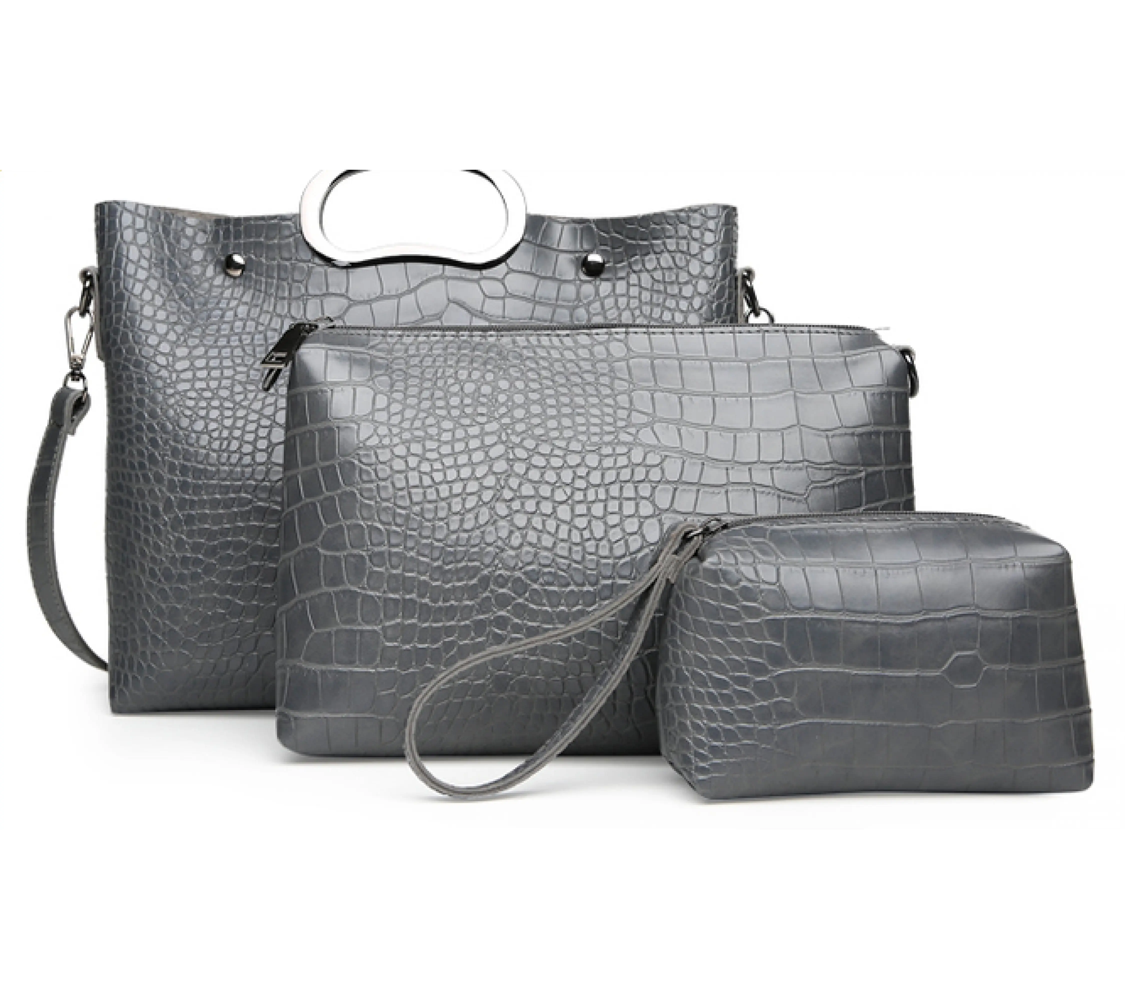 Gray Leather Handbag Set for Modern Fashion