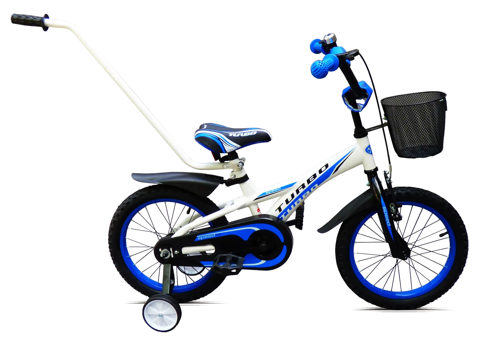 Blue and White Kids Bicycle with Training Wheels and Basket