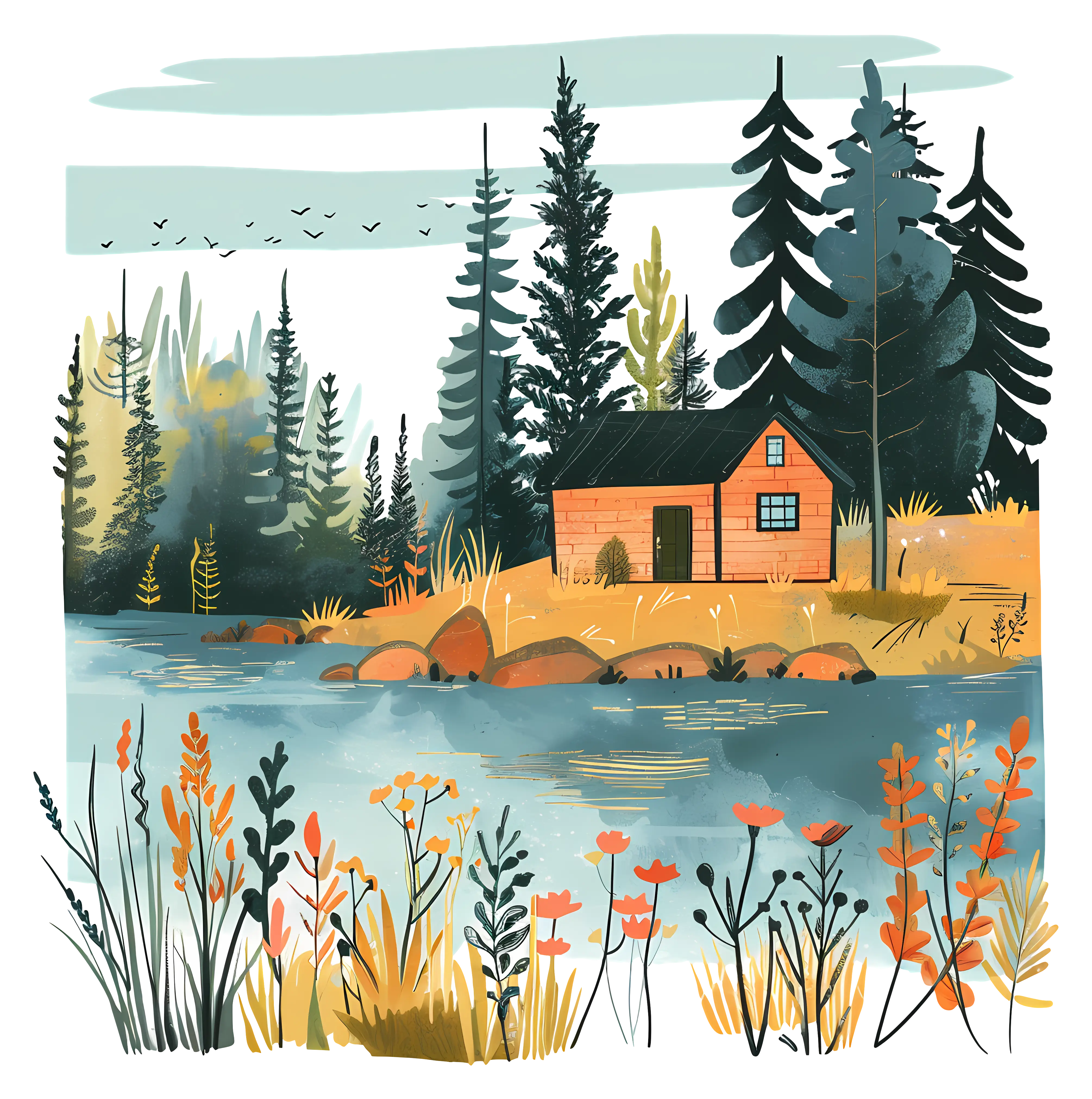 Cabin by the Lake in Nature