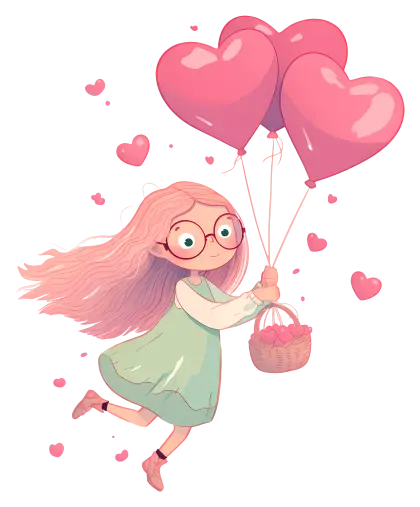 Girl Floating with Heart Balloons