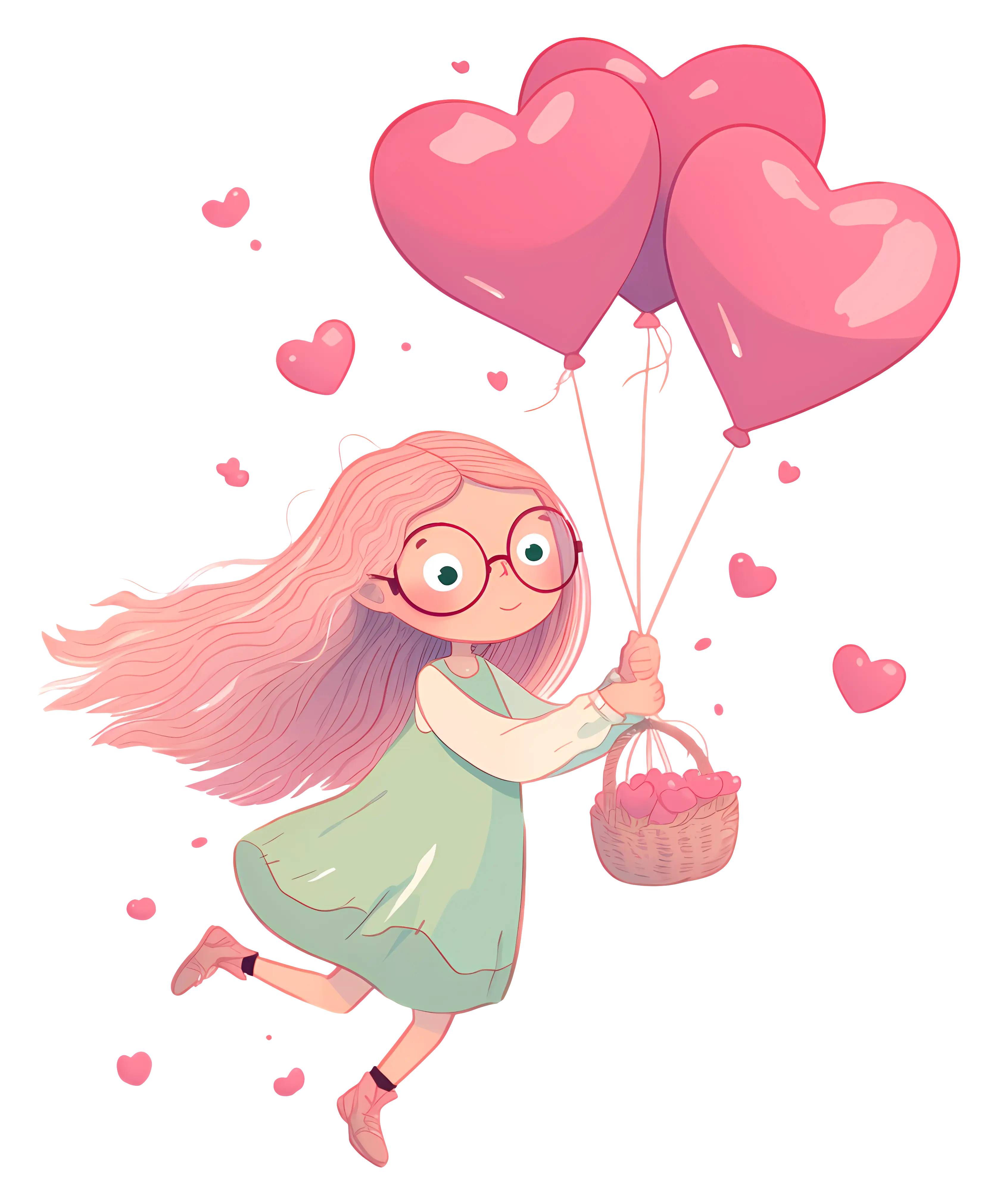 Girl Floating with Heart Balloons