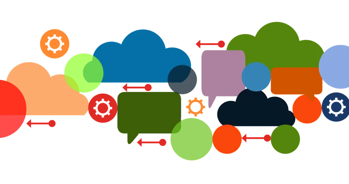 Colored Speech Bubbles and Gears Representing Communication