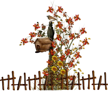 Autumn Birdhouse with Flowers and Fence