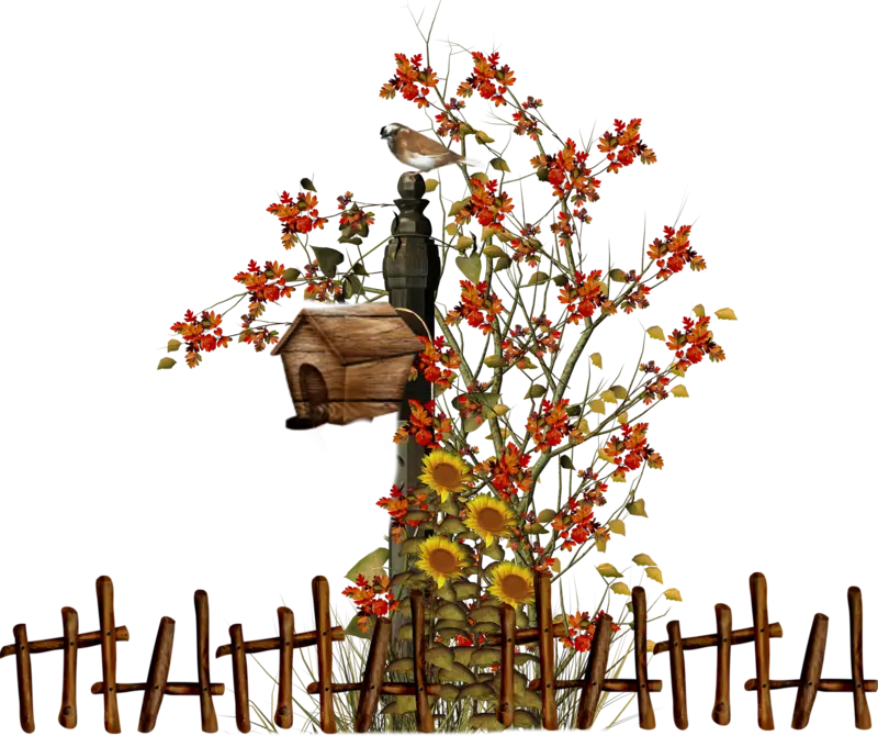 Autumn Birdhouse with Flowers and Fence