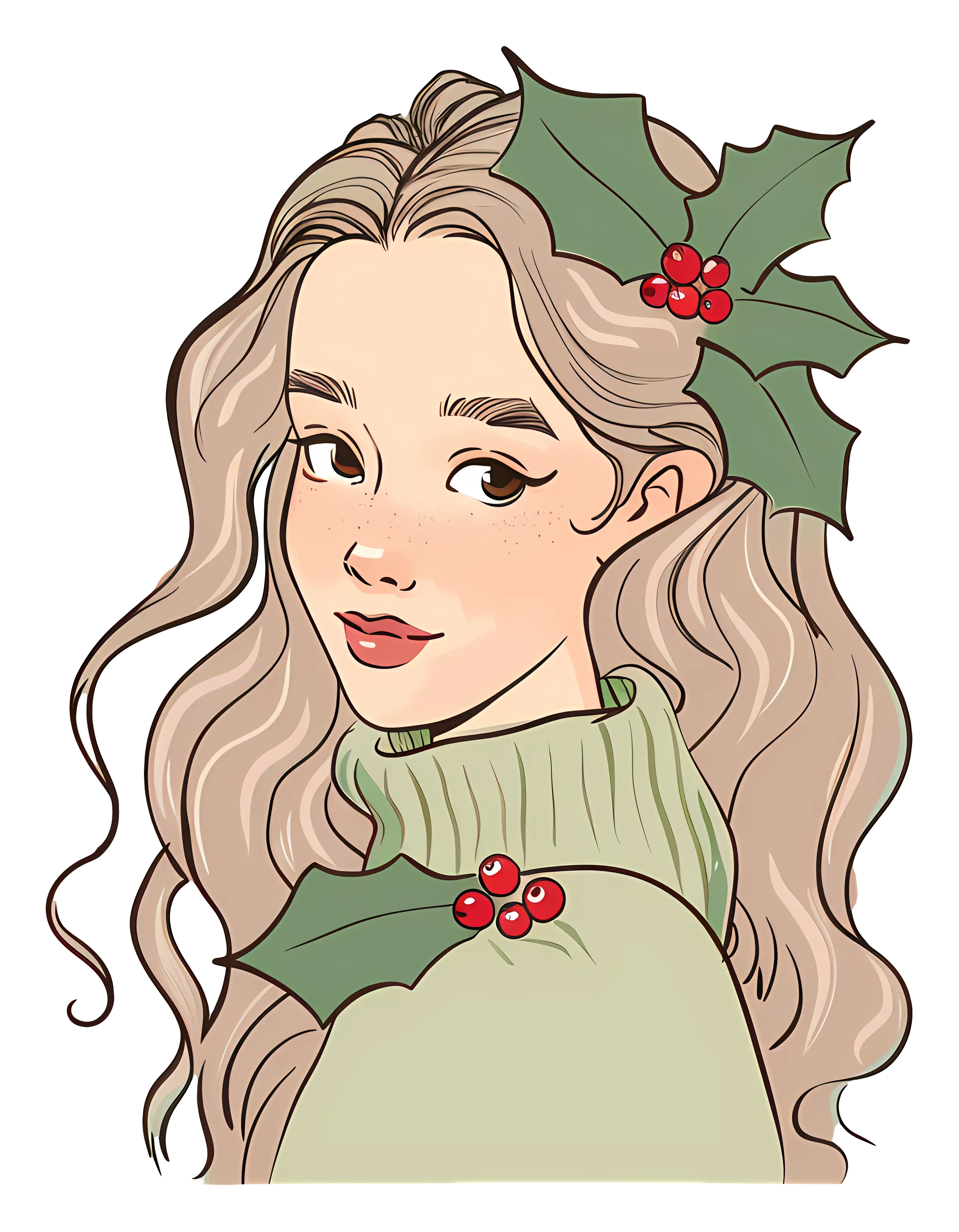Festive Girl with Holly Leaves