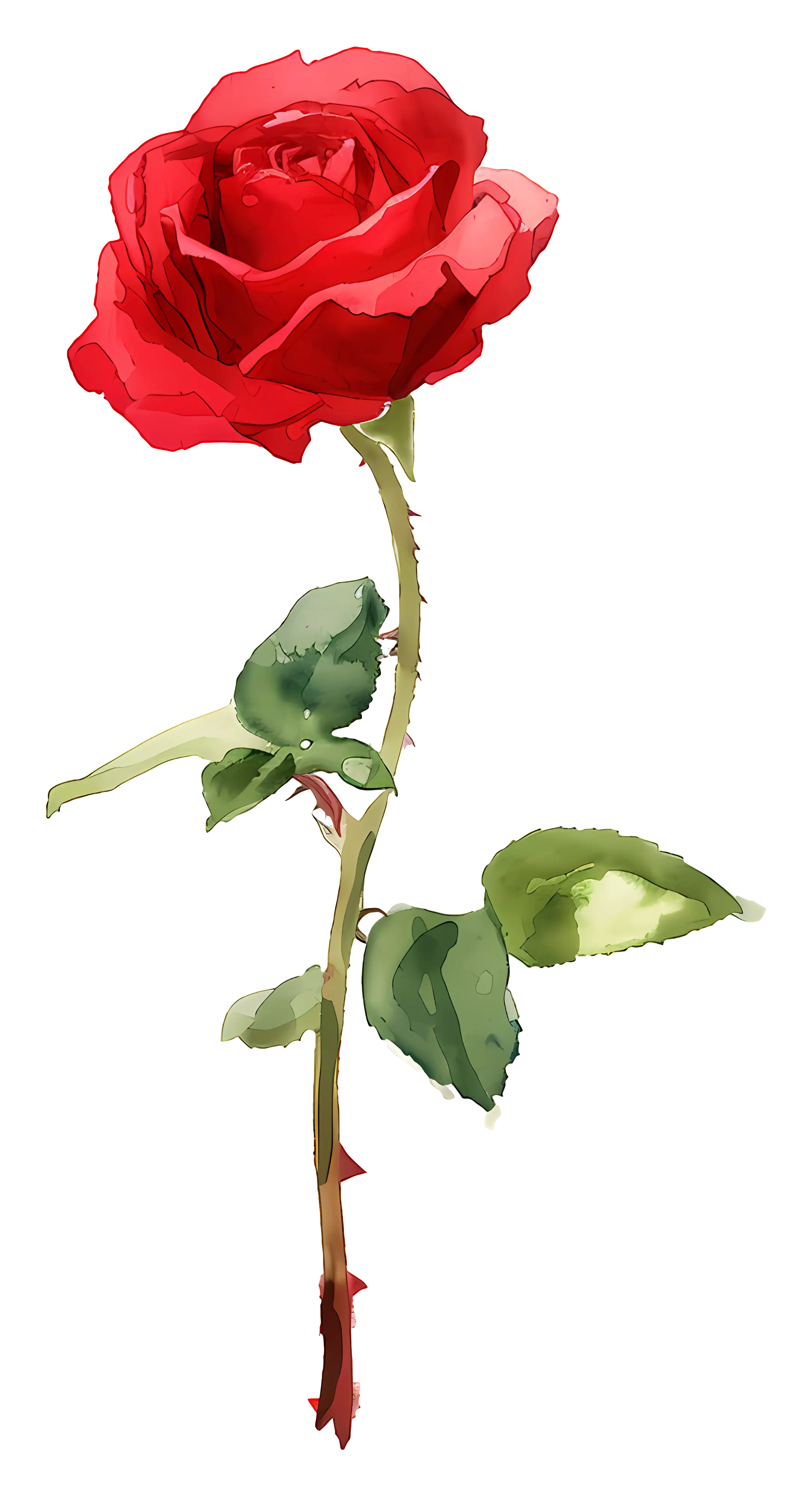 Red Rose Illustration with Stem and Leaves