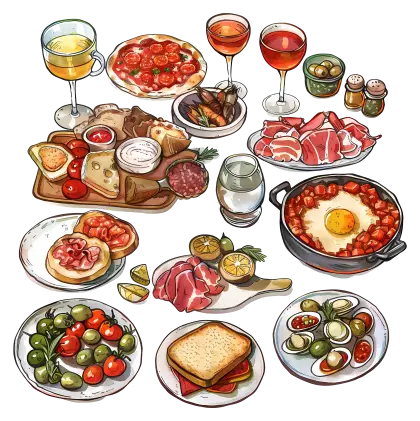 Feast with Various Dishes and Drinks