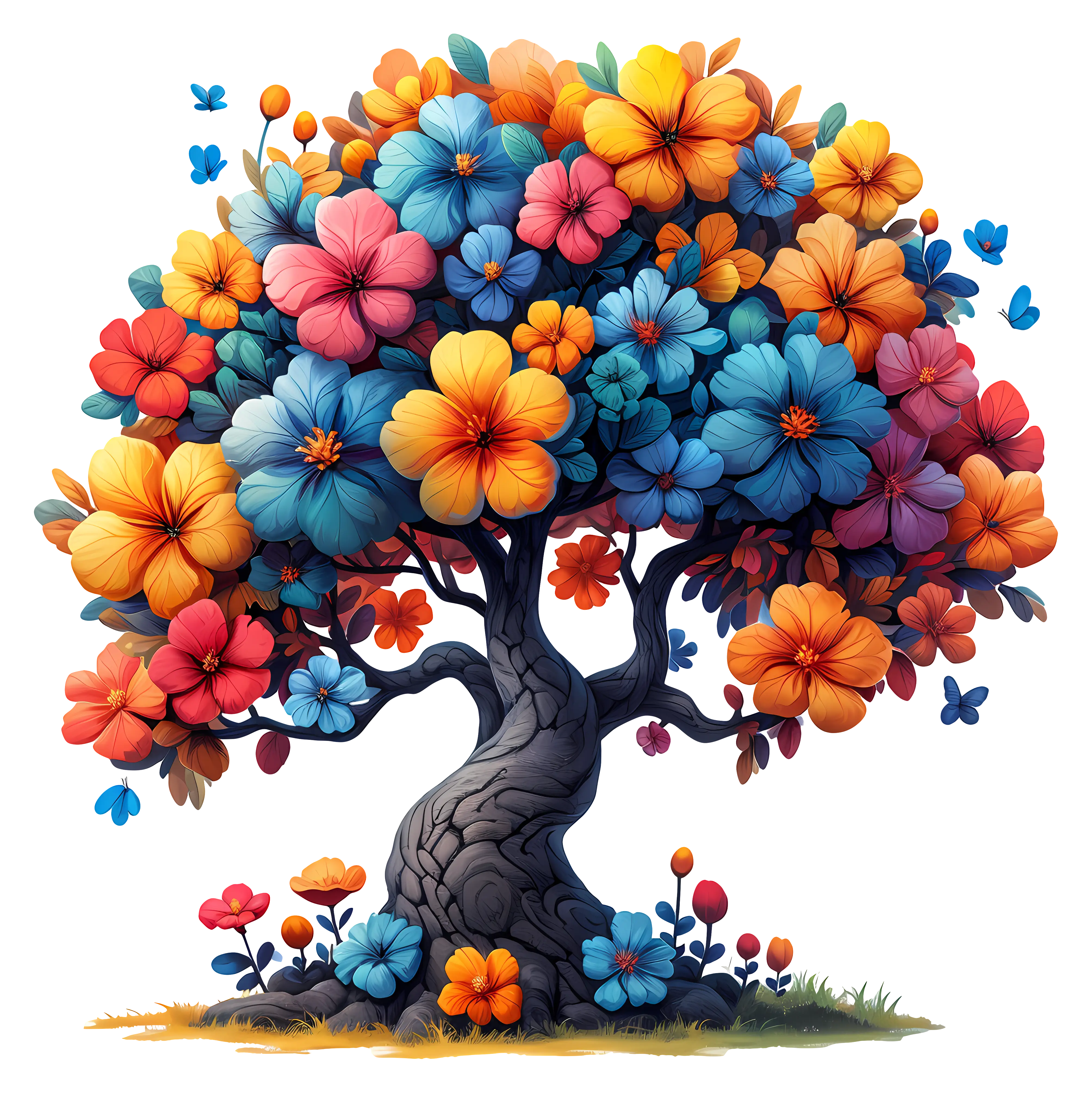 Fantasy Flower Tree Illustration with Butterflies