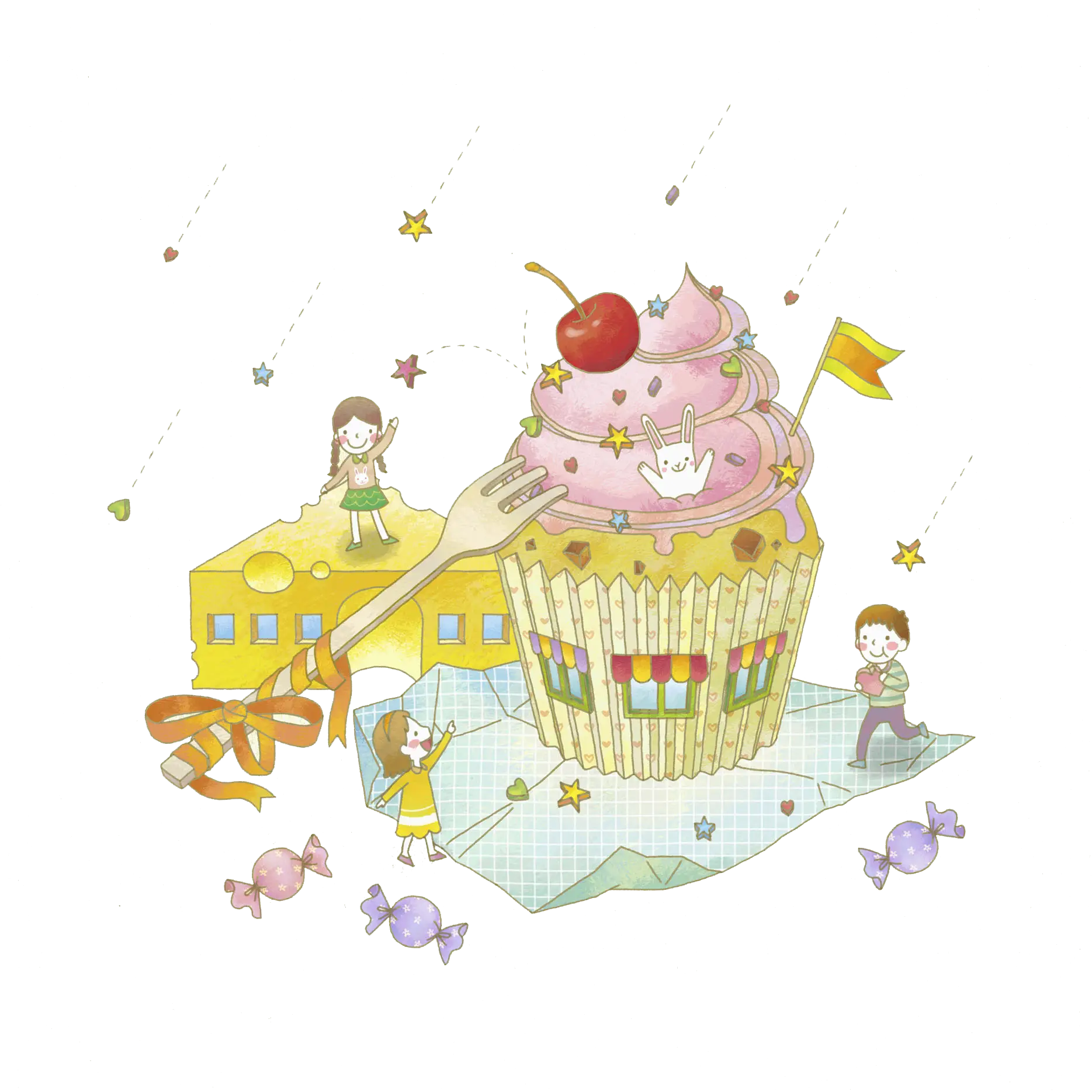 Whimsical Cupcake with Cherry and Children