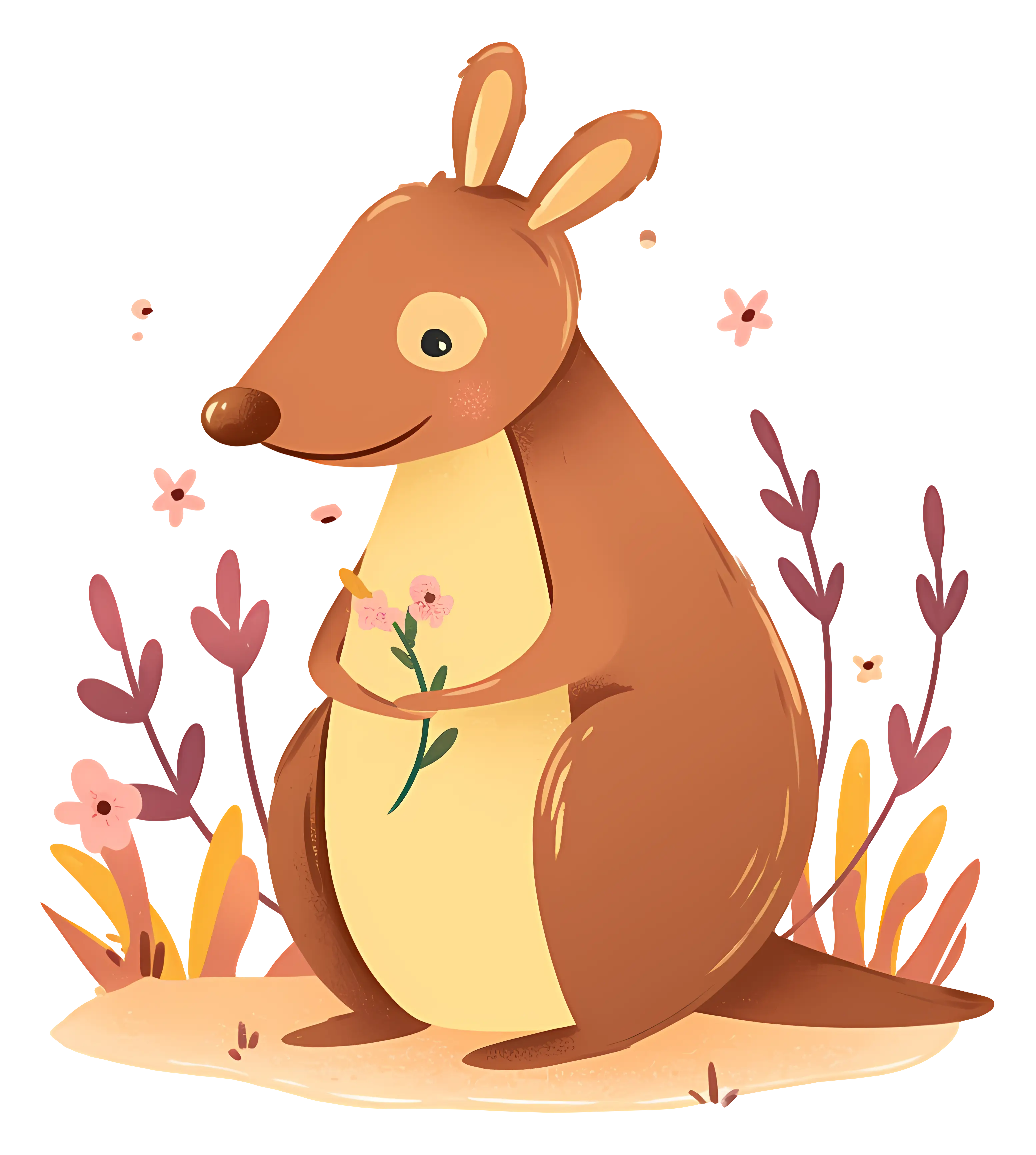 Adorable Kangaroo Holding Flowers Illustration