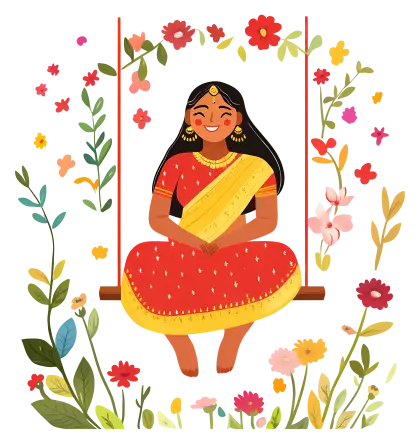 Woman Swinging on Floral Swing in Festive Attire