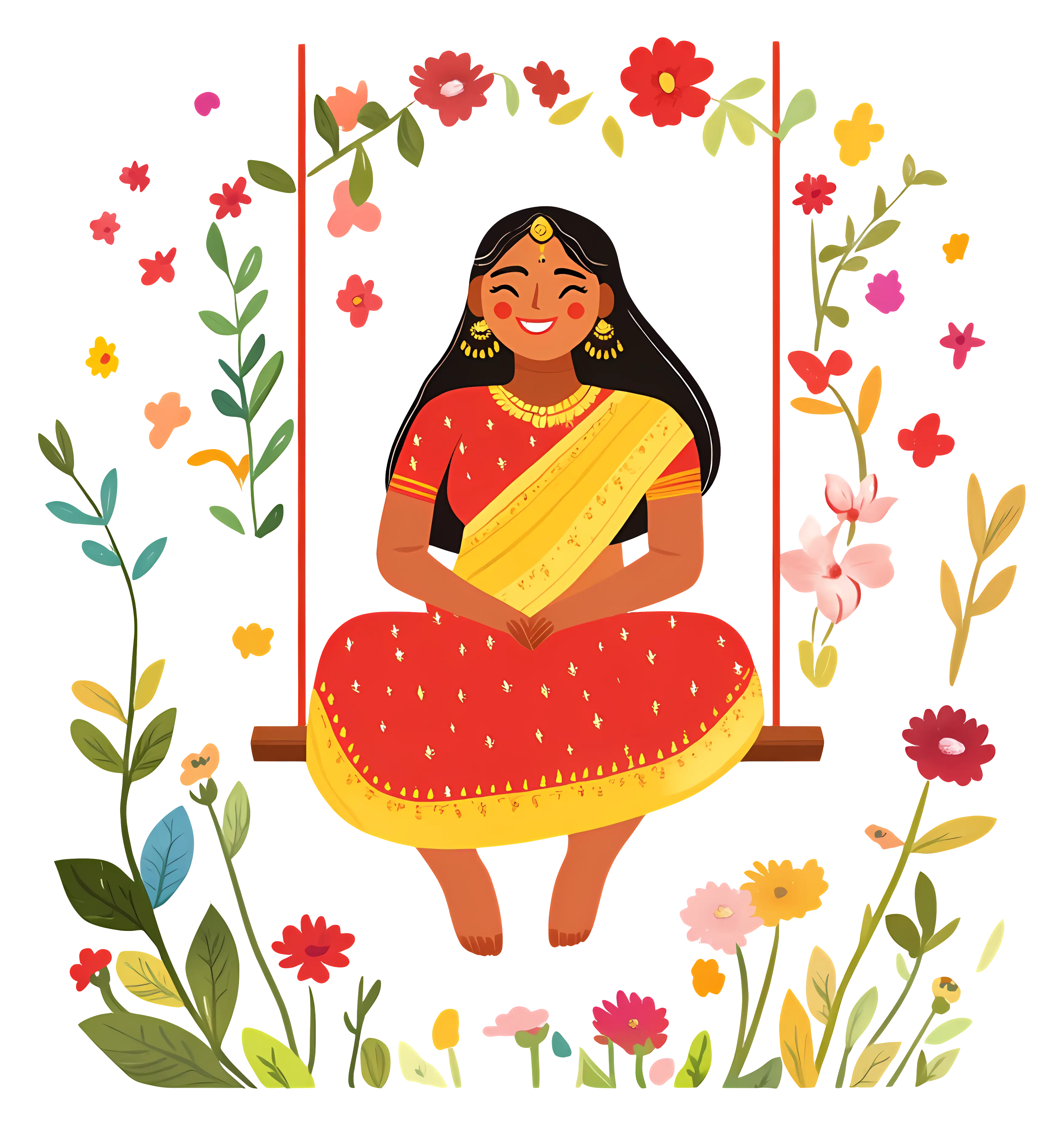 Woman Swinging on Floral Swing in Festive Attire