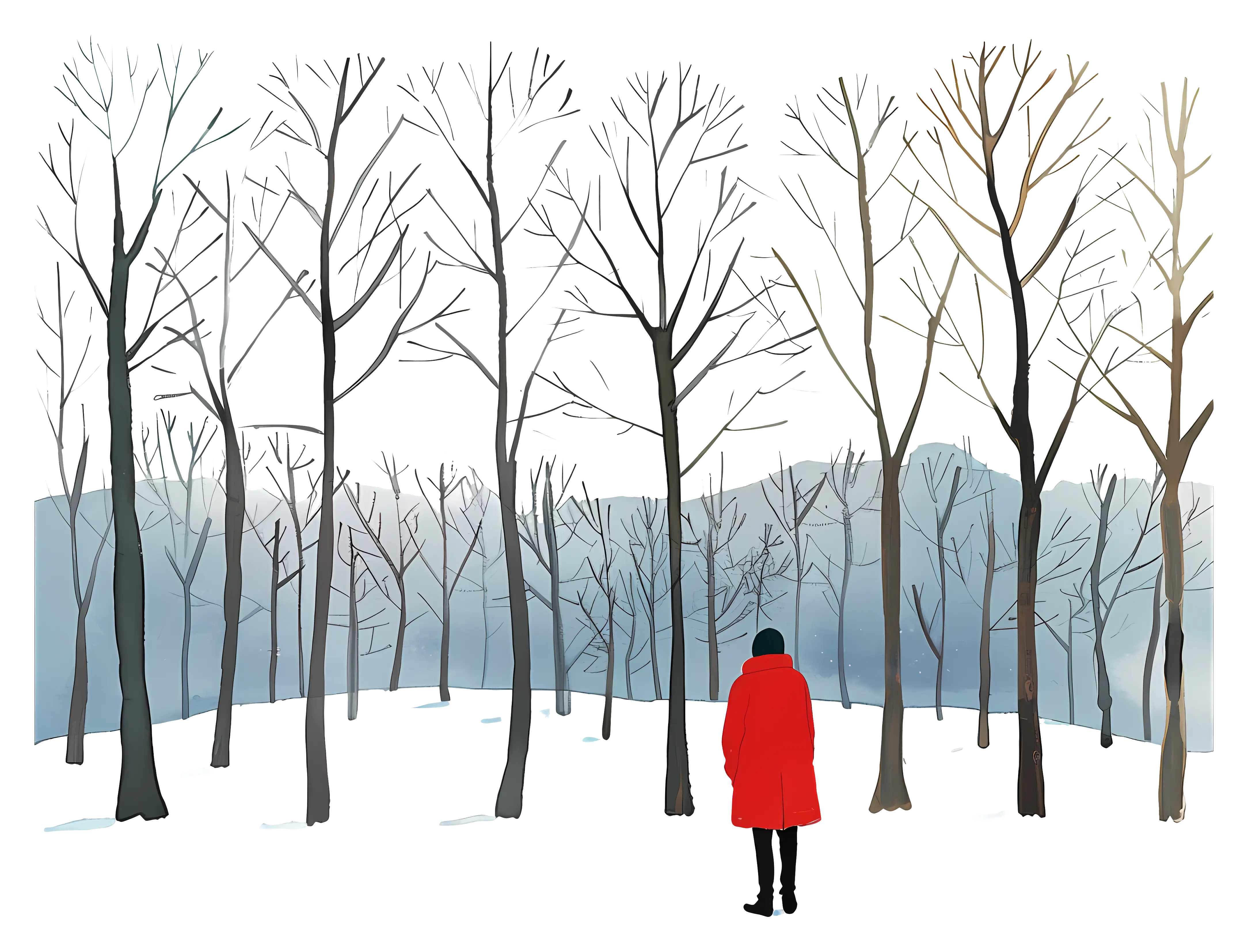 Person in a Red Coat in Winter Forest
