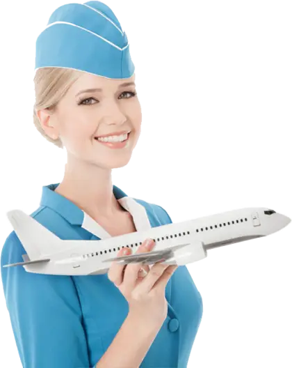 Smiling Flight Attendant Holding Airplane Model