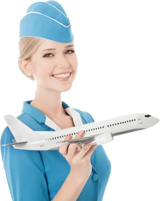 Smiling Flight Attendant Holding Airplane Model