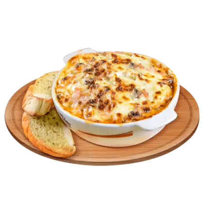 Baked Pasta with Garlic Bread on Wooden Platter