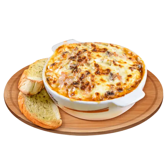 Baked Pasta with Garlic Bread on Wooden Platter