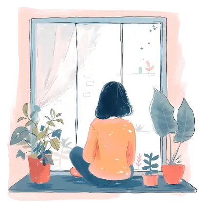 Girl Sitting by the Window with Plants