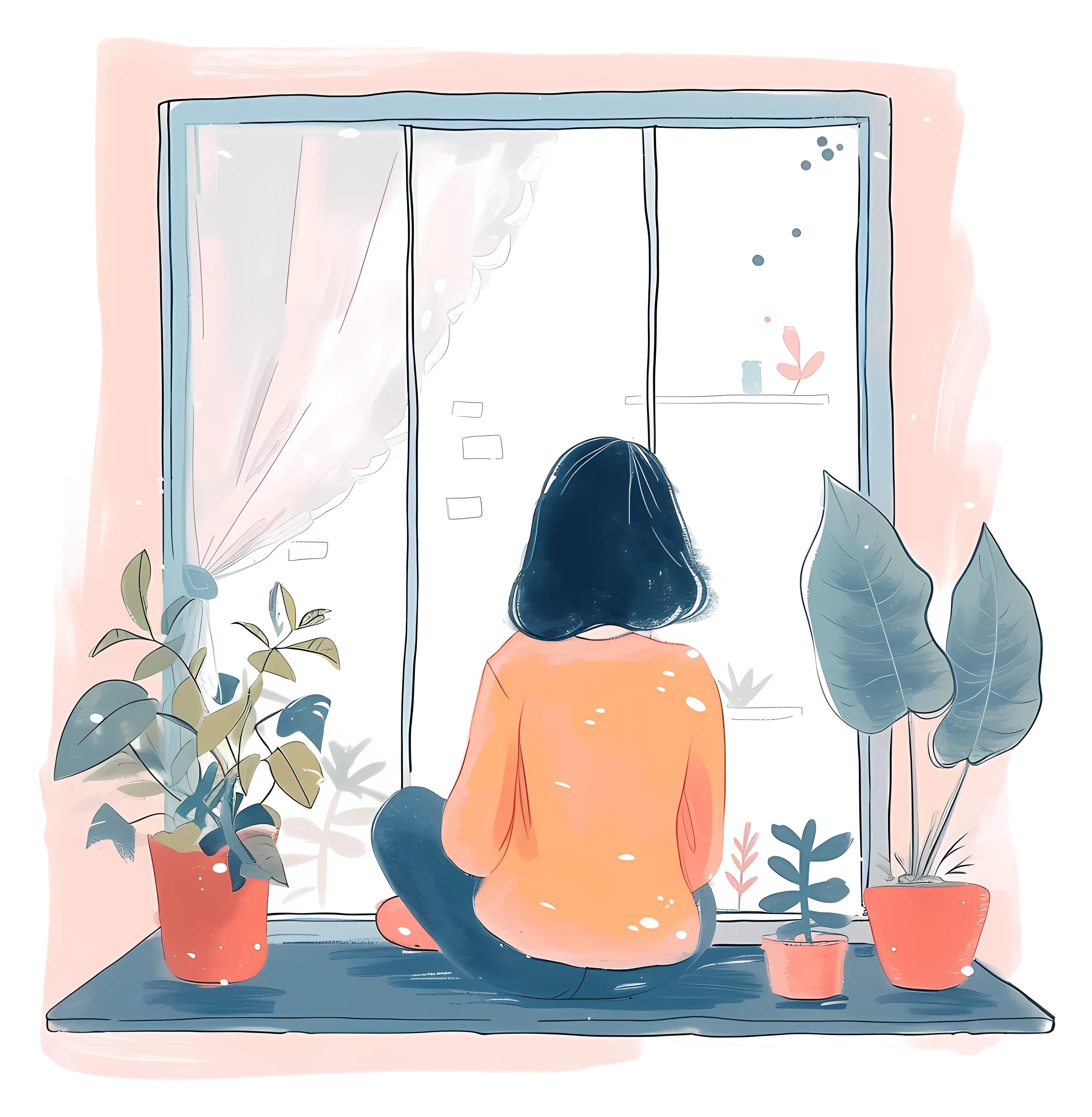 Girl Sitting by the Window with Plants