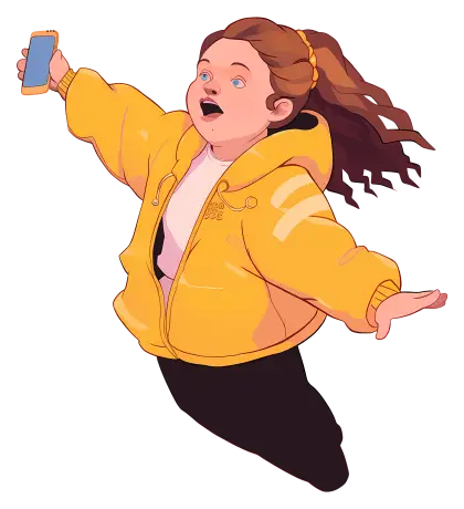 Cartoon Girl in Yellow Jacket with Phone