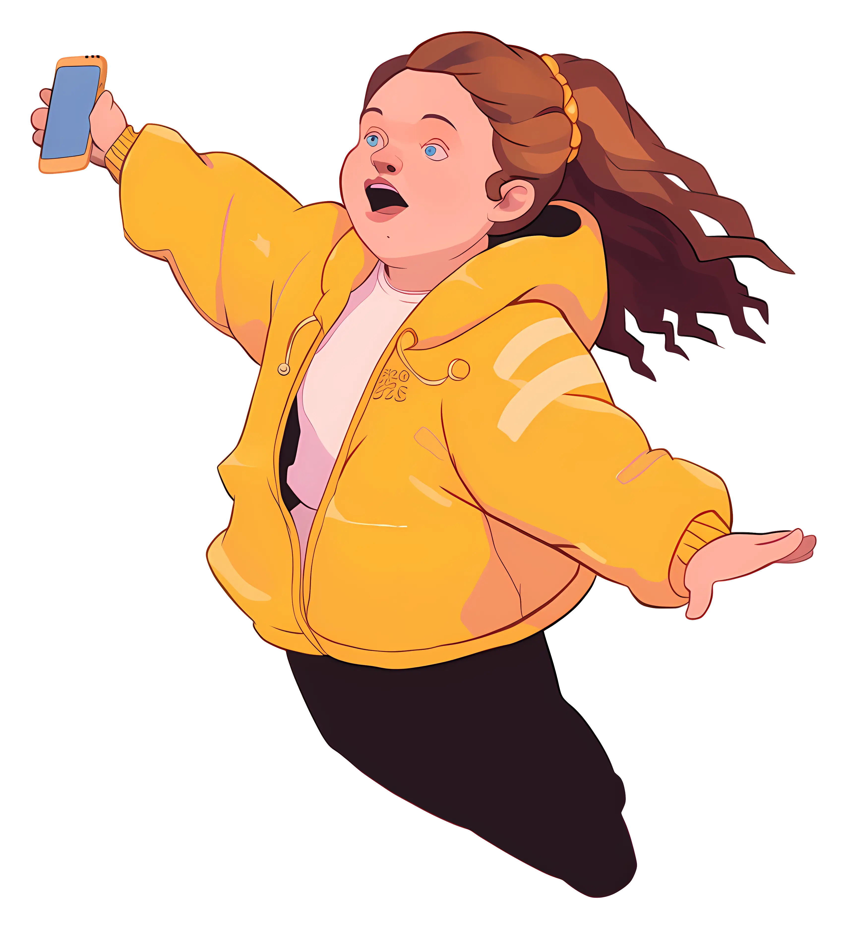 Cartoon Girl in Yellow Jacket with Phone