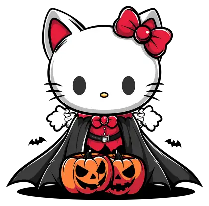 Cute Vampire Cat with Halloween Pumpkins