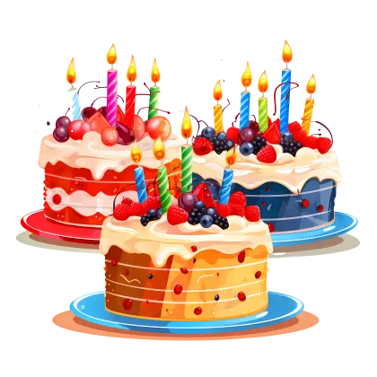 Three Colorful Birthday Cakes with Candles